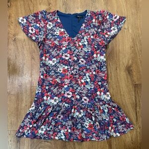 BCBG Paris Floral V-Neck Ruffle Hem Dress Women’s Large L Spring Blue Pink Red